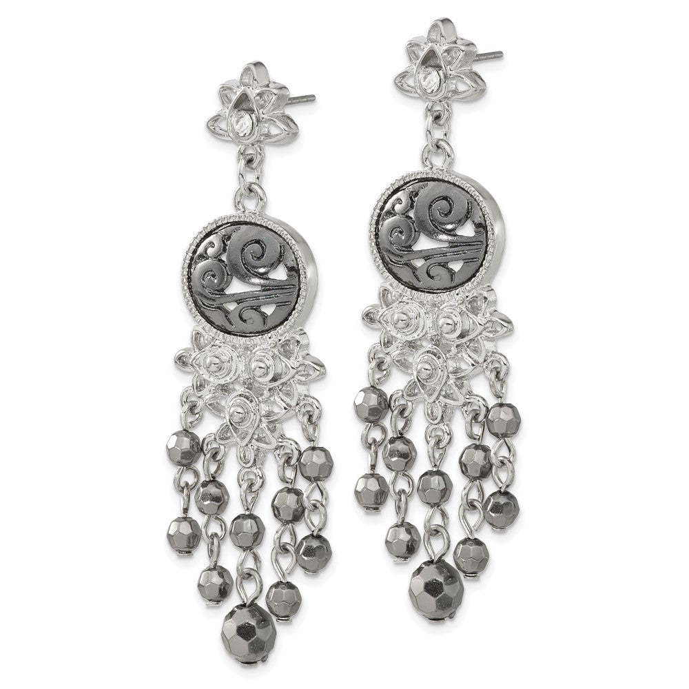 Fashion 1928 Jewelry Silver-Tone & Black-Plated Filigree Clear And Hematite Faceted Acrylic Beads Long Dangle Post Earrings