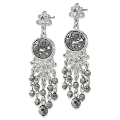 Fashion 1928 Jewelry Silver-Tone & Black-Plated Filigree Clear And Hematite Faceted Acrylic Beads Long Dangle Post Earrings