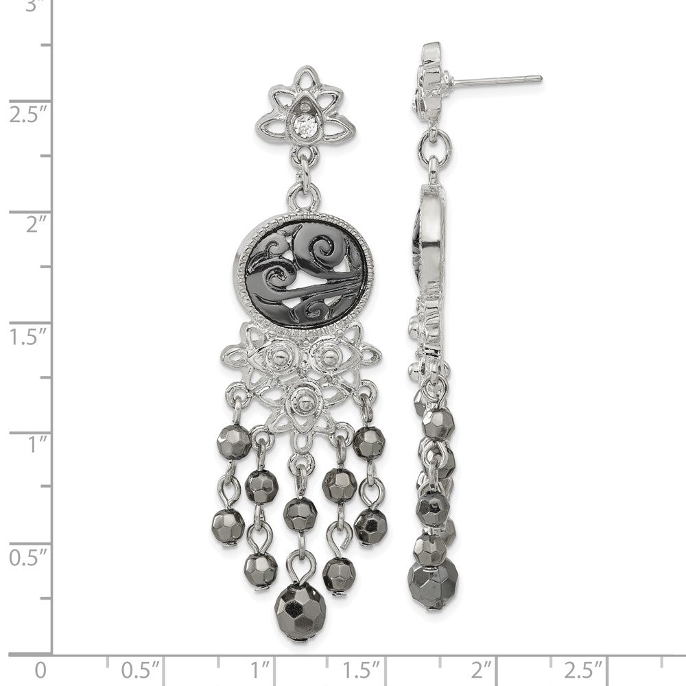 Fashion 1928 Jewelry Silver-Tone & Black-Plated Filigree Clear And Hematite Faceted Acrylic Beads Long Dangle Post Earrings