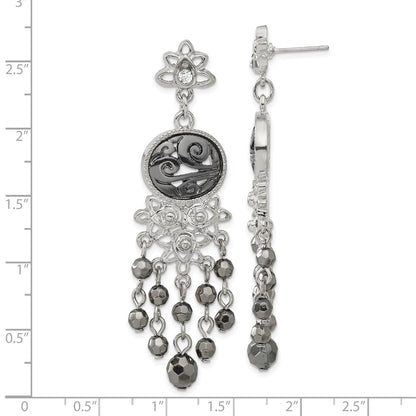 Fashion 1928 Jewelry Silver-Tone & Black-Plated Filigree Clear And Hematite Faceted Acrylic Beads Long Dangle Post Earrings