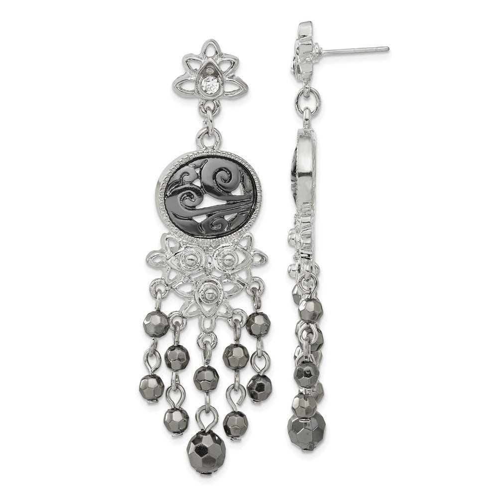 Fashion 1928 Jewelry Silver-Tone & Black-Plated Filigree Clear And Hematite Faceted Acrylic Beads Long Dangle Post Earrings