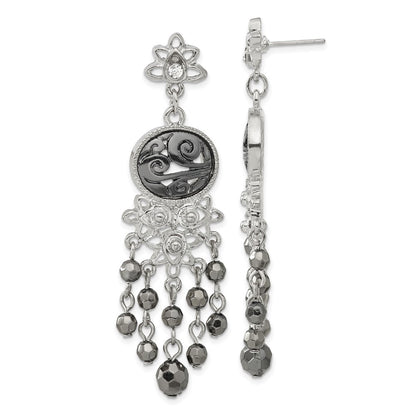 Fashion 1928 Jewelry Silver-Tone & Black-Plated Filigree Clear And Hematite Faceted Acrylic Beads Long Dangle Post Earrings