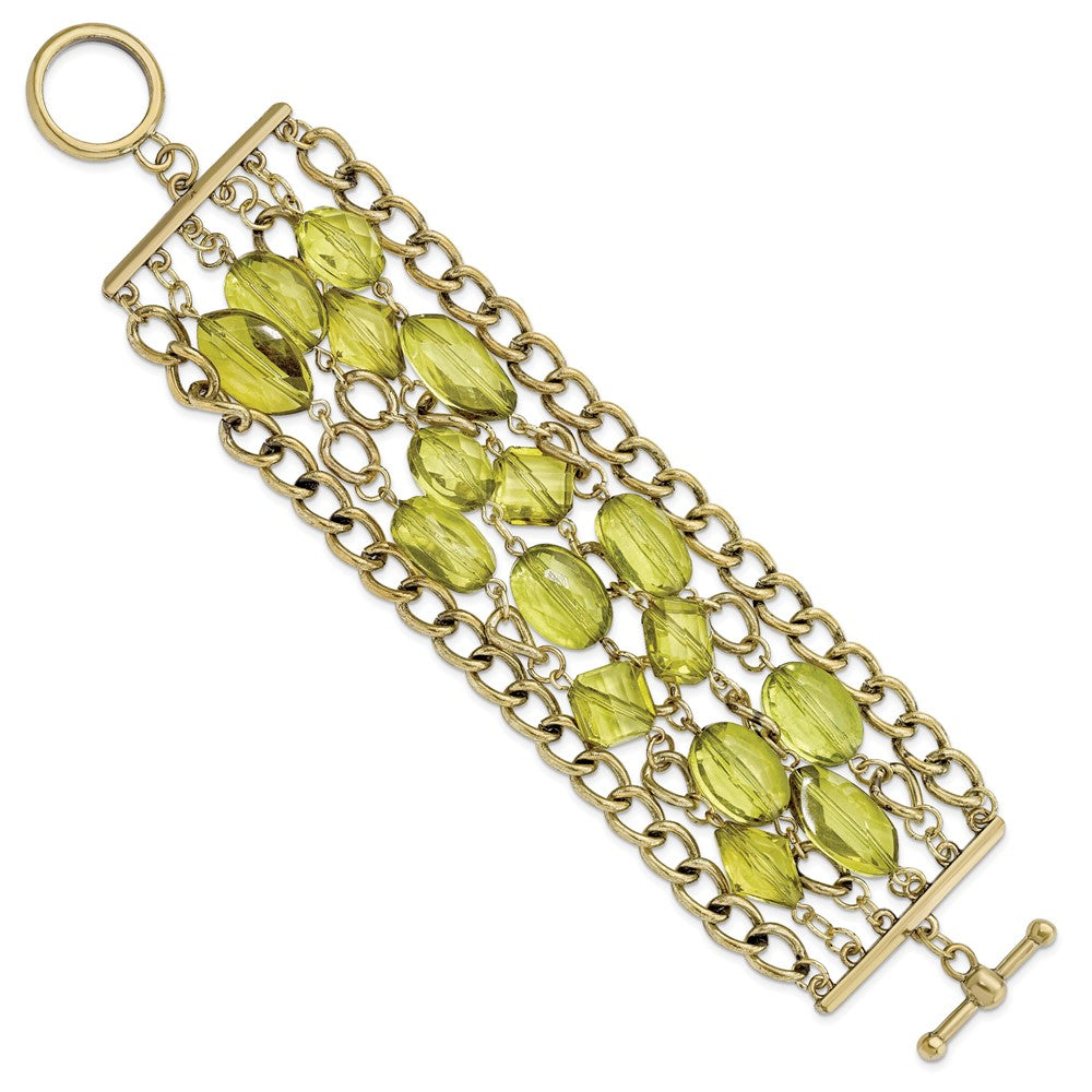 Fashion 1928 Jewelry Brass-Tone Link And Olive Green Faceted Acrylic Beads Wide Six Row 8 Inch Toggle Bracelet