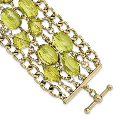 Fashion 1928 Jewelry Brass-Tone Link And Olive Green Faceted Acrylic Beads Wide Six Row 8 Inch Toggle Bracelet