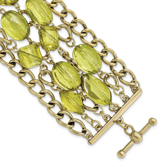 Fashion 1928 Jewelry Brass-Tone Link And Olive Green Faceted Acrylic Beads Wide Six Row 8 Inch Toggle Bracelet