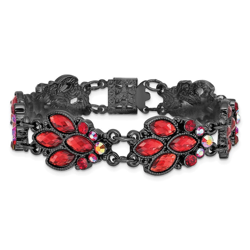 Fashion 1928 Jewelry Black-Plated Faceted Red And Aurora Borealis Glass Stones 7.25 Inch Bracelet