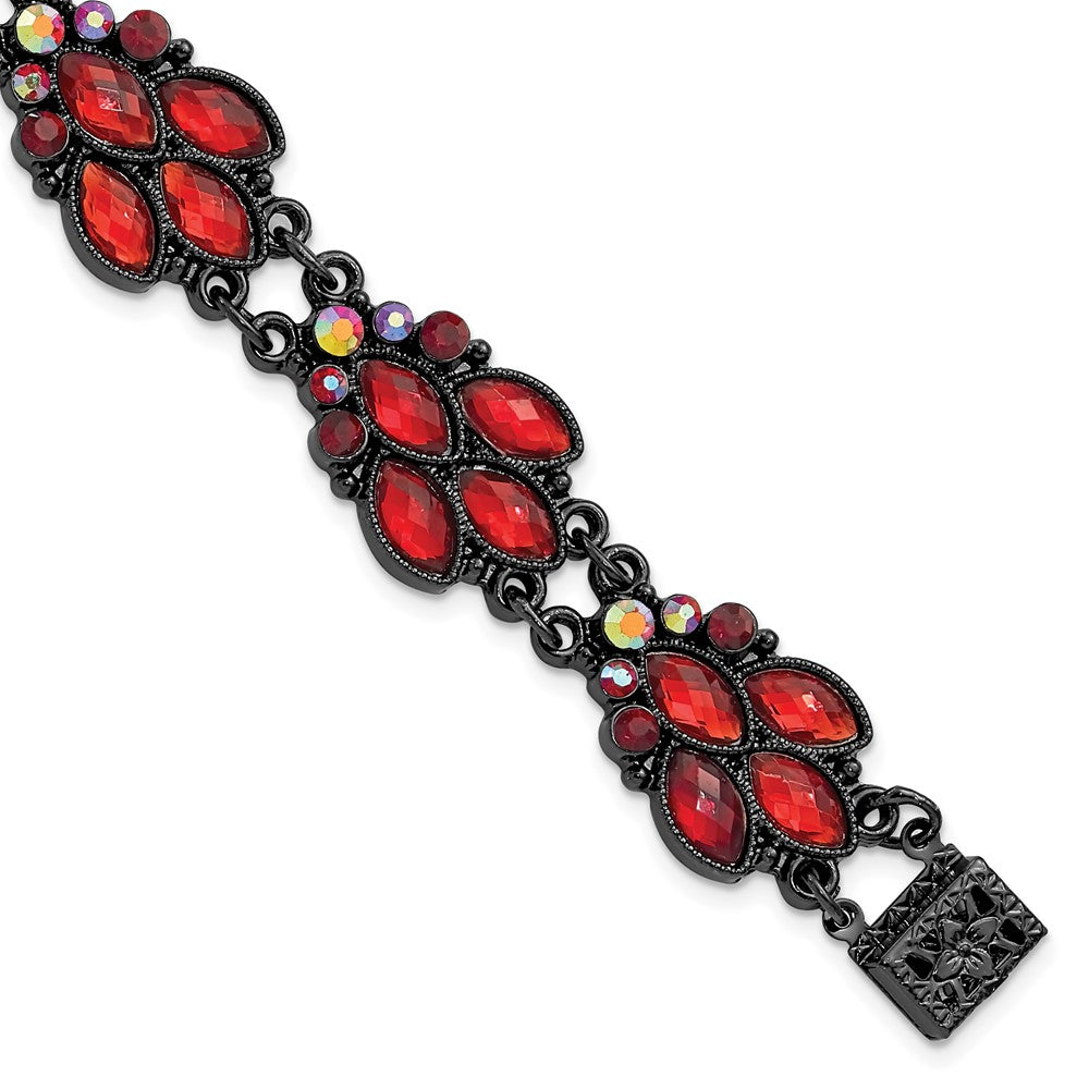 Fashion 1928 Jewelry Black-Plated Faceted Red And Aurora Borealis Glass Stones 7.25 Inch Bracelet