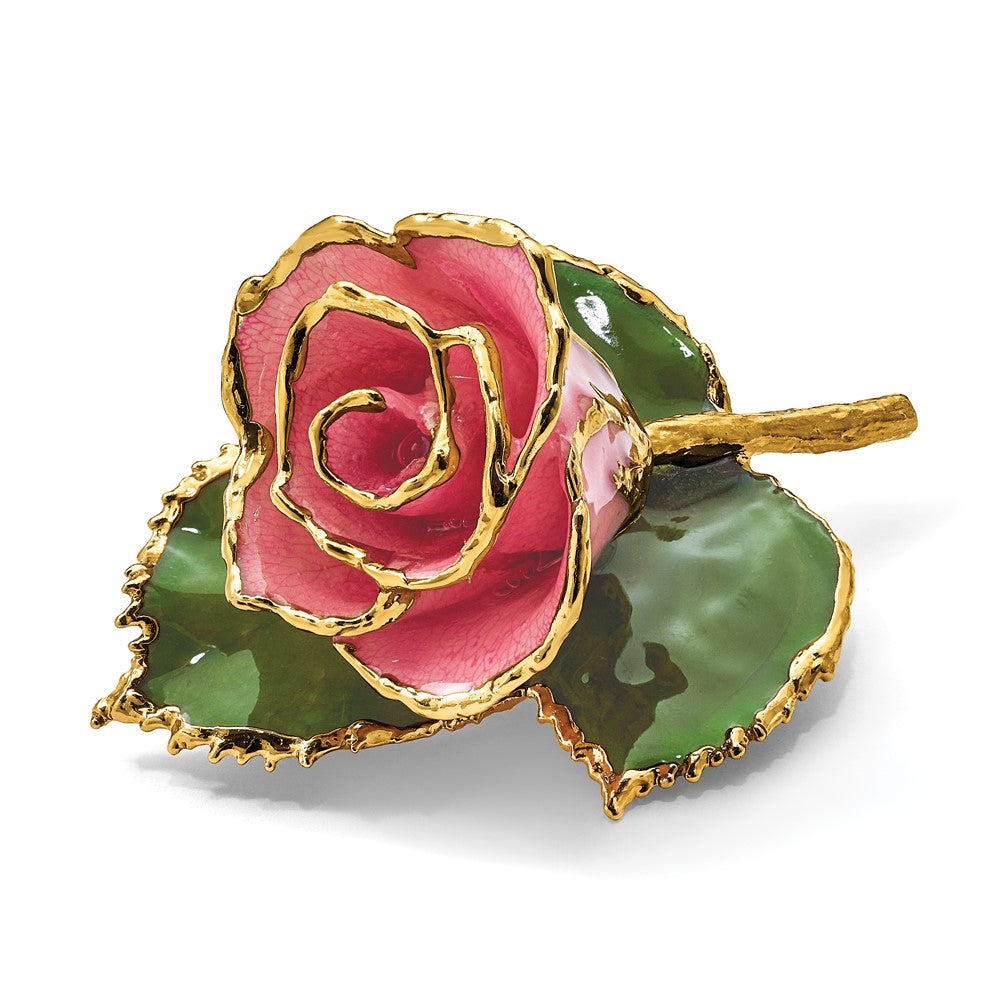 Fashion 24K Gold-Trim Lacquer Dipped Pink Rose On Leaf Pin/Boutonniere