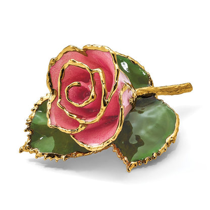 Fashion 24K Gold-Trim Lacquer Dipped Pink Rose On Leaf Pin/Boutonniere