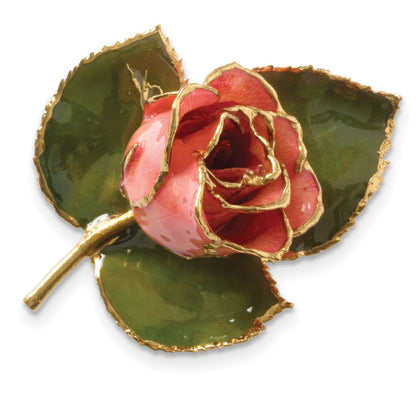 Fashion 24K Gold-Trim Lacquer Dipped Pink Rose On Leaf Pin/Boutonniere