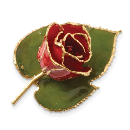Fashion 24K Gold-Trim Lacquer Dipped Red Rose On Leaf Pin/Boutonniere