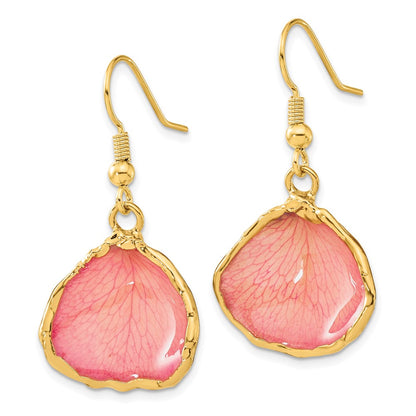 Fashion 24K Gold-Trim Lacquer Dipped Pink Real Rose Petal Gold-Tone Dangle Wire Earrings