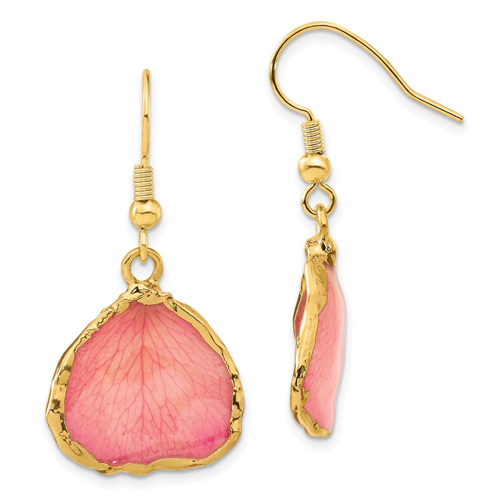 Fashion 24K Gold-Trim Lacquer Dipped Pink Real Rose Petal Gold-Tone Dangle Wire Earrings