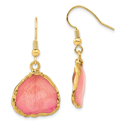 Fashion 24K Gold-Trim Lacquer Dipped Pink Real Rose Petal Gold-Tone Dangle Wire Earrings