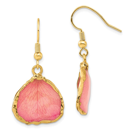 Fashion 24K Gold-Trim Lacquer Dipped Pink Real Rose Petal Gold-Tone Dangle Wire Earrings