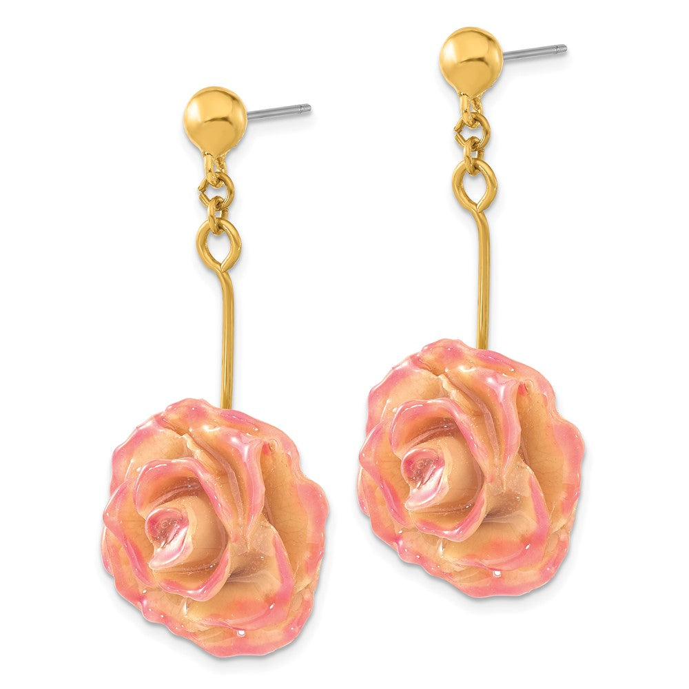 Fashion Lacquer Dipped Cream And Fuchsia Real Rose Gold-Tone Dangle Post Earrings