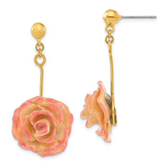 Fashion Lacquer Dipped Cream And Fuchsia Real Rose Gold-Tone Dangle Post Earrings