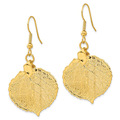 Fashion 24K Gold Dipped Real Aspen Leaf Gold-Tone Shepherd Hook Dangle Earrings
