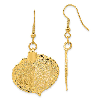 Fashion 24K Gold Dipped Real Aspen Leaf Gold-Tone Shepherd Hook Dangle Earrings