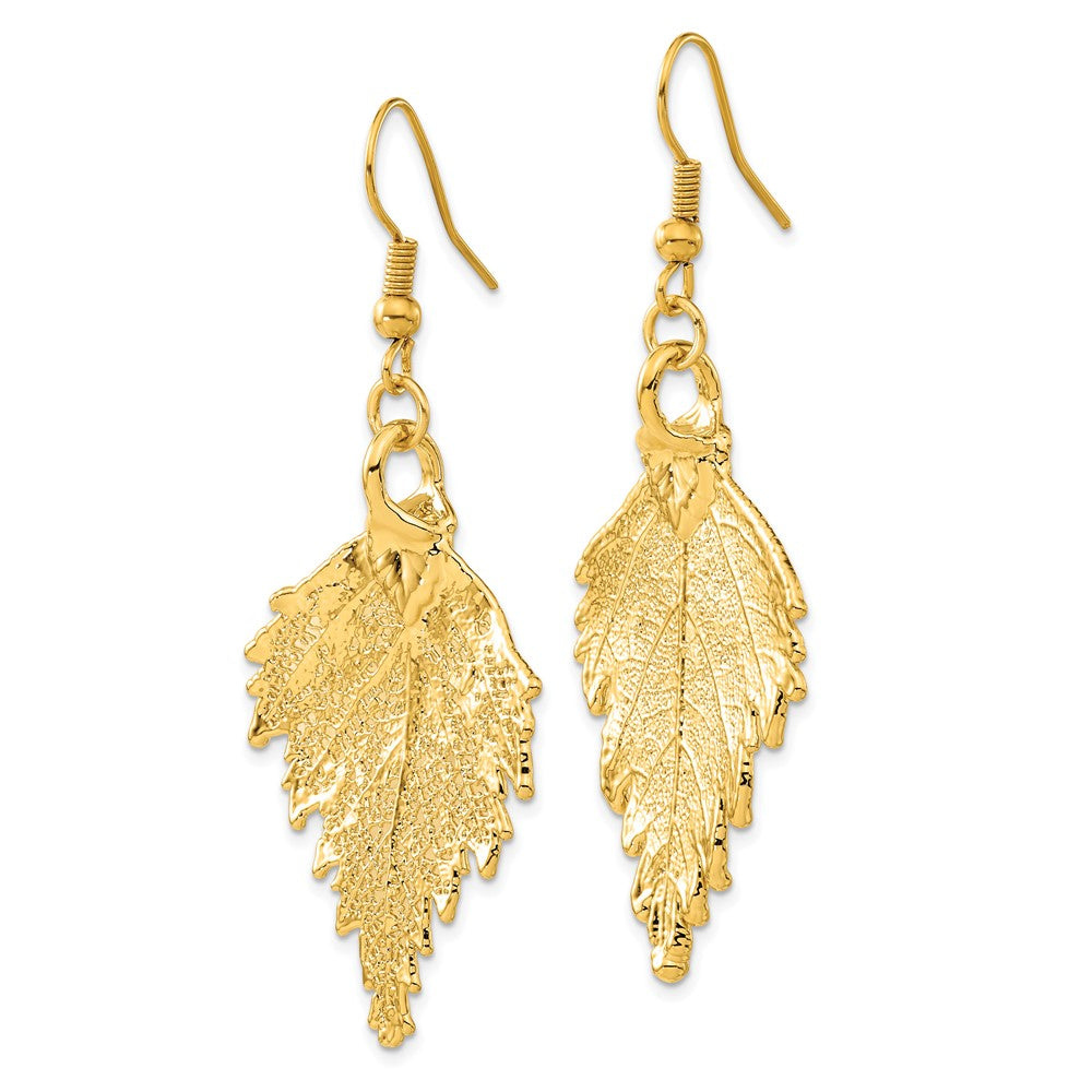 Fashion 24K Gold Dipped Real Birch Leaf Gold-Tone Shepherd Hook Dangle Earrings