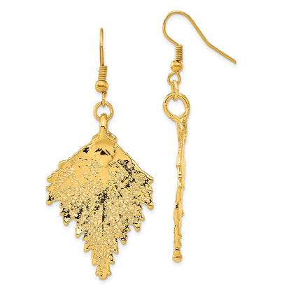 Fashion 24K Gold Dipped Real Birch Leaf Gold-Tone Shepherd Hook Dangle Earrings
