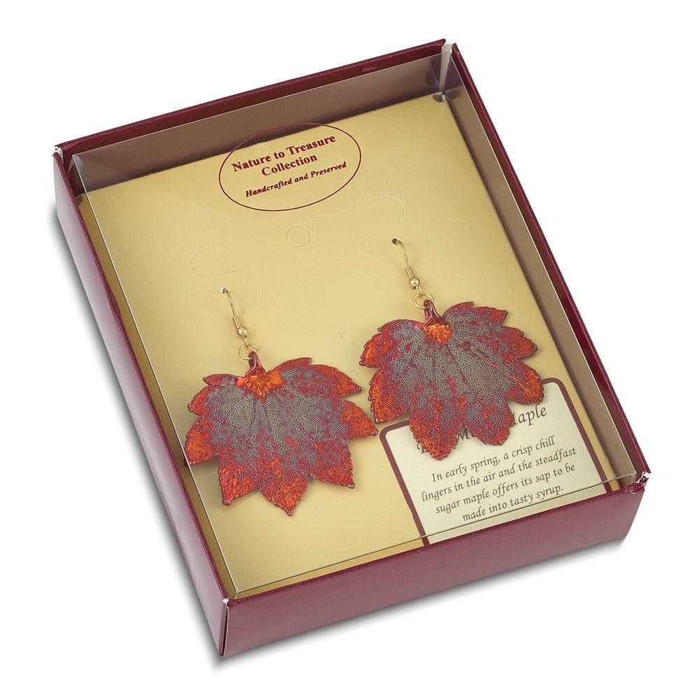 Fashion Iridescent Copper Dipped Real Full Moon Maple Leaf Gold-Tone Shepherd Hook Dangle Earrings