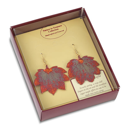 Fashion Iridescent Copper Dipped Real Full Moon Maple Leaf Gold-Tone Shepherd Hook Dangle Earrings