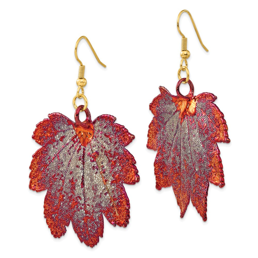 Fashion Iridescent Copper Dipped Real Full Moon Maple Leaf Gold-Tone Shepherd Hook Dangle Earrings