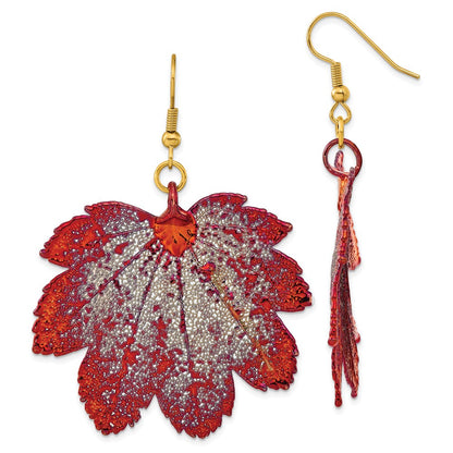 Fashion Iridescent Copper Dipped Real Full Moon Maple Leaf Gold-Tone Shepherd Hook Dangle Earrings