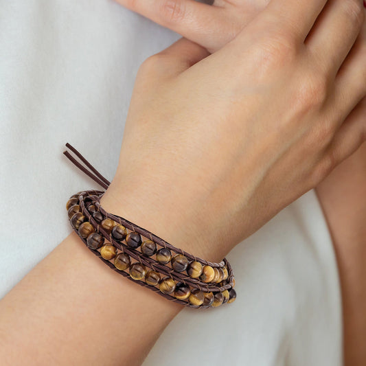 14 Inch 6mm Brown Beads And Leather Cord Multi Wrap Bracelet