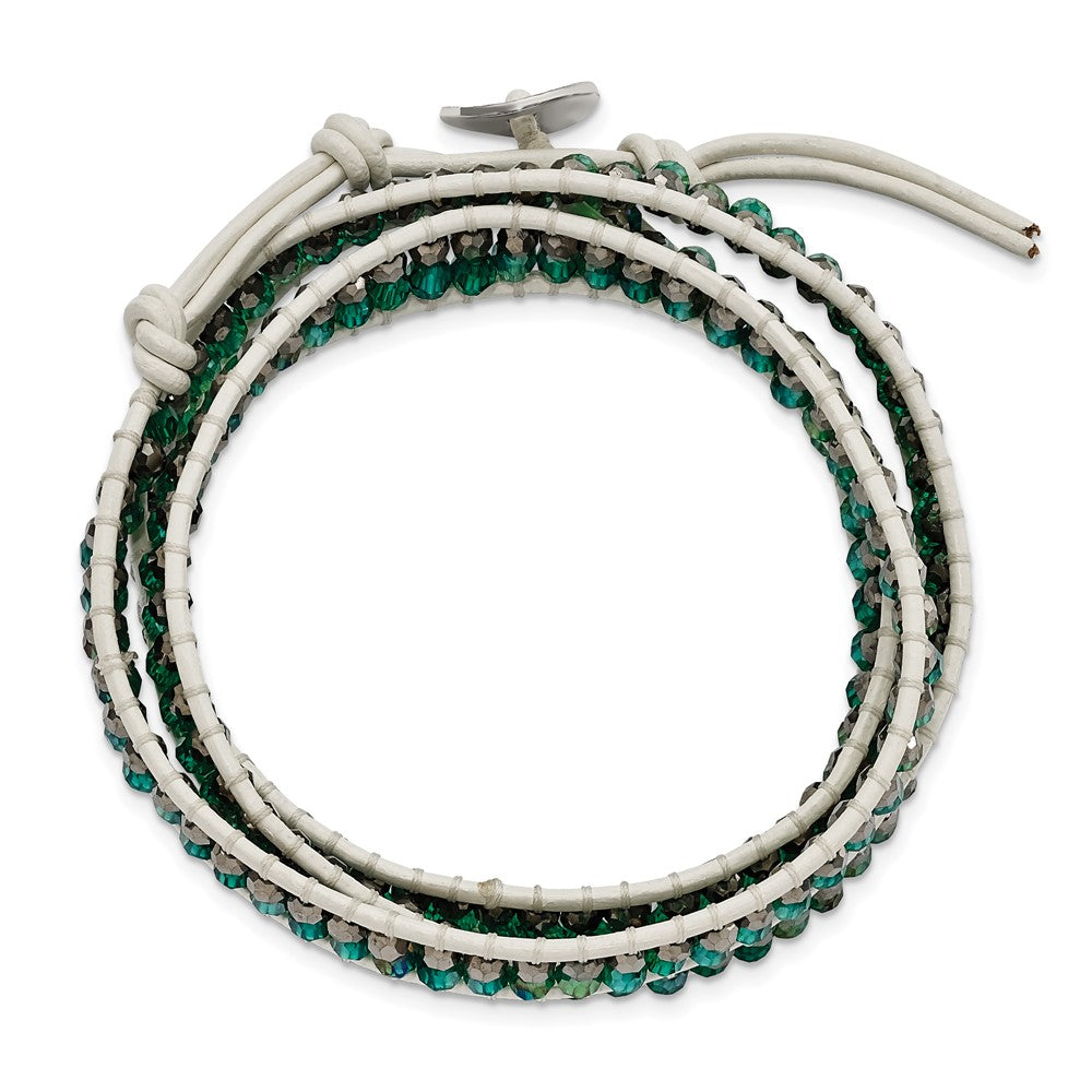 21 Inch Green Aurora Borealis/Grey Crystal Bead Leather Multi-Wrap Bracelet