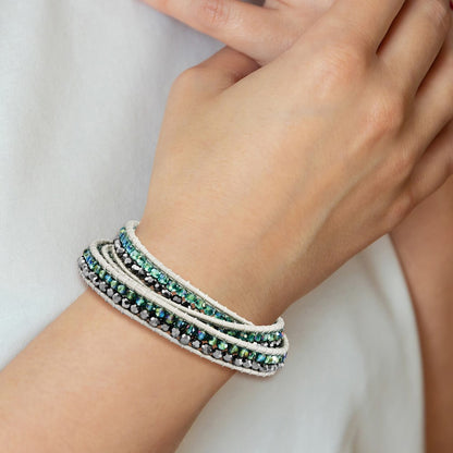 21 Inch Green Aurora Borealis/Grey Crystal Bead Leather Multi-Wrap Bracelet