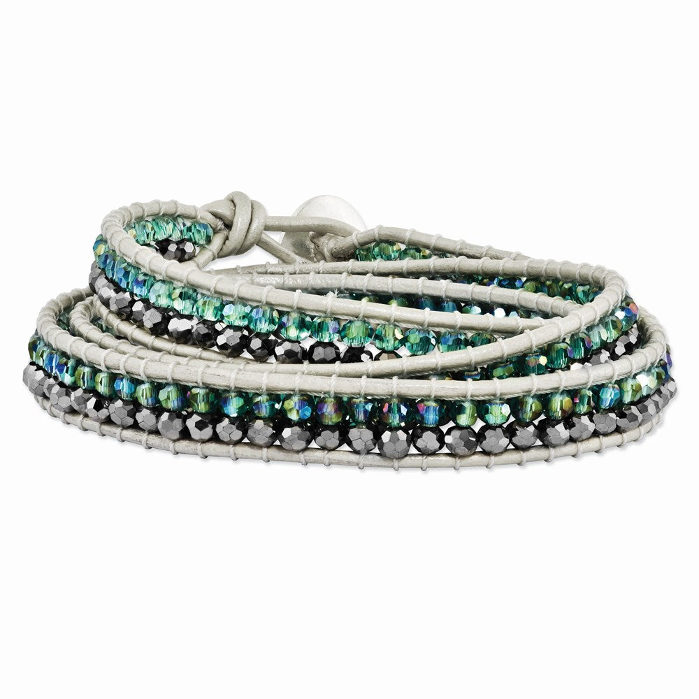 21 Inch Green Aurora Borealis/Grey Crystal Bead Leather Multi-Wrap Bracelet