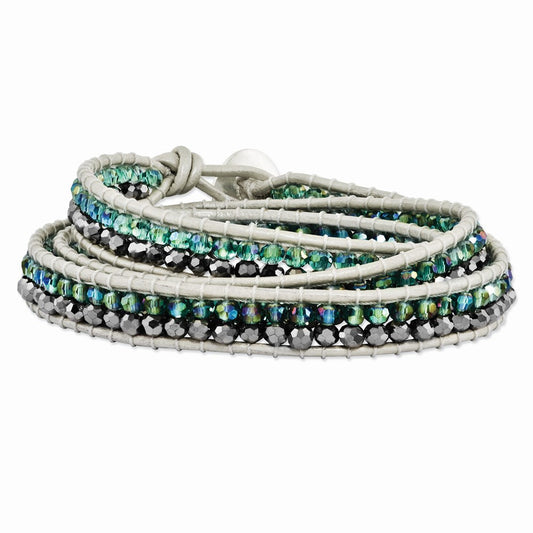 21 Inch Green Aurora Borealis/Grey Crystal Bead Leather Multi-Wrap Bracelet
