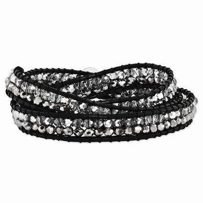 21 Inch Grey And Clear Crystal Bead Leather Multi-Wrap Bracelet