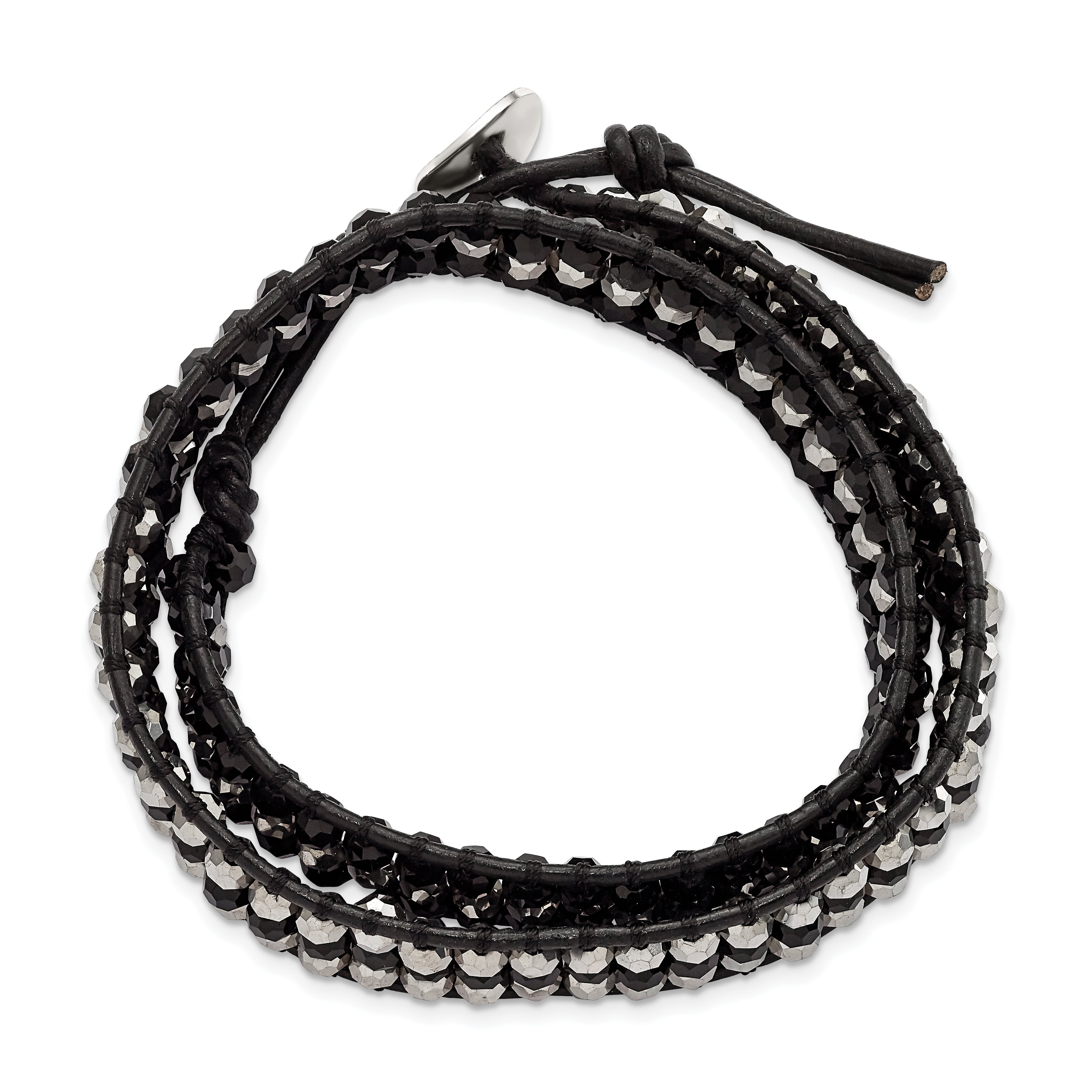 14 Inch Black Aurora Borealis/Grey Crystal Bead/Leather Multi-Wrap Bracelet