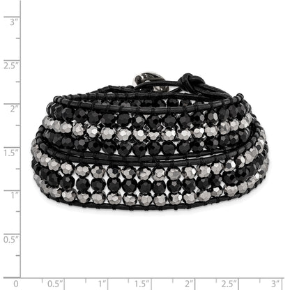 14 Inch Black Aurora Borealis/Grey Crystal Bead/Leather Multi-Wrap Bracelet