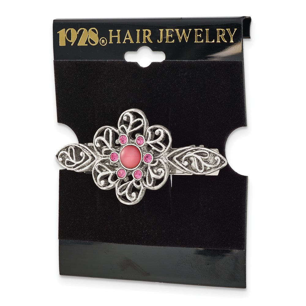 Fashion 1928 Jewlery Silver-Tone Filigree Pink Cabochon And Crystal Flower Hair Barrette