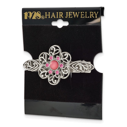 Fashion 1928 Jewlery Silver-Tone Filigree Pink Cabochon And Crystal Flower Hair Barrette
