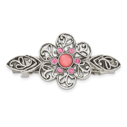 Fashion 1928 Jewlery Silver-Tone Filigree Pink Cabochon And Crystal Flower Hair Barrette