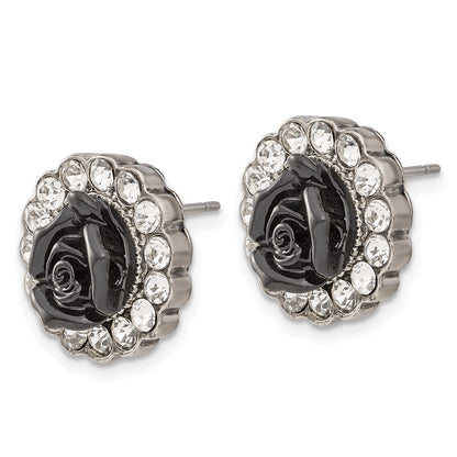 Fashion 1928 Silver-Tone Black Enamel Flowers & Crystal Post Earrings