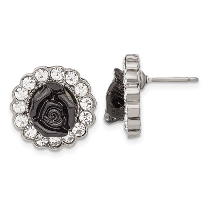 Fashion 1928 Silver-Tone Black Enamel Flowers & Crystal Post Earrings