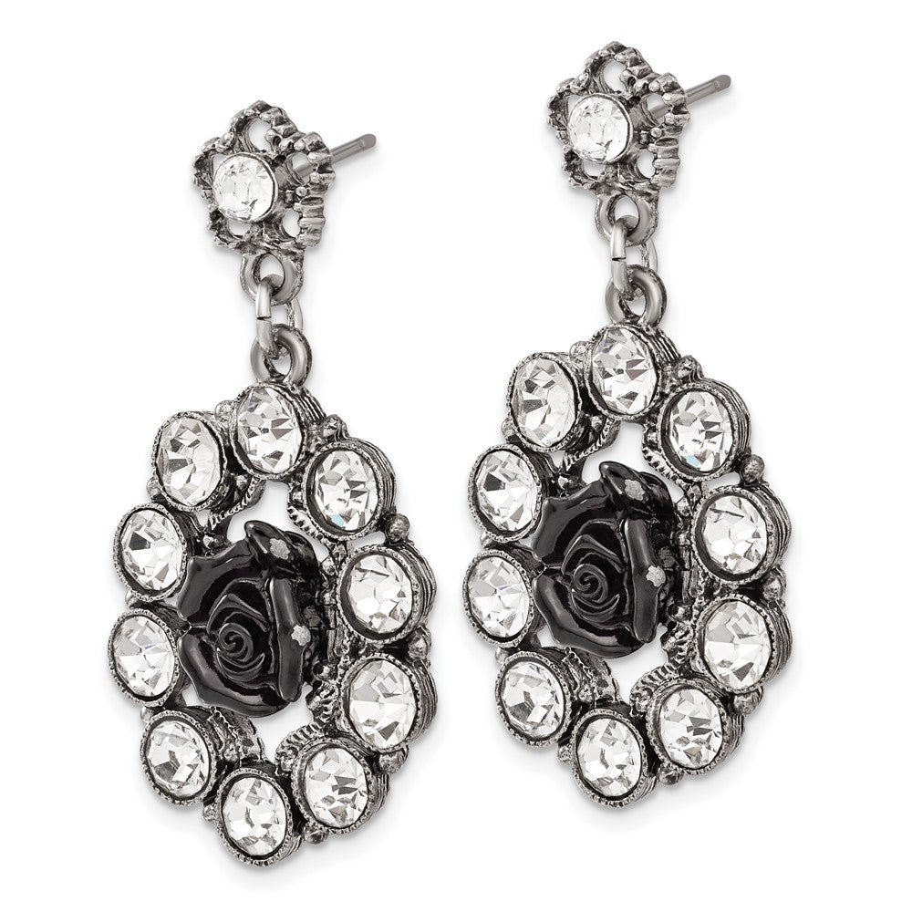 Fashion 1928 Silver-Tone & Antiqued Black Flowers Crystal Post Dangle Earrings