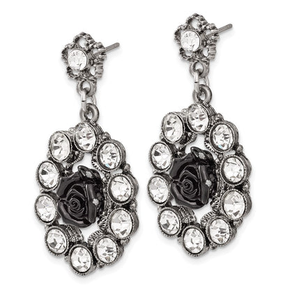Fashion 1928 Silver-Tone & Antiqued Black Flowers Crystal Post Dangle Earrings