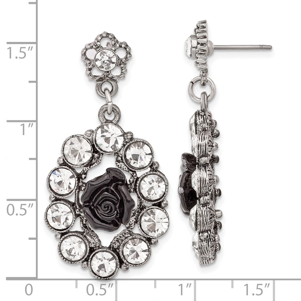 Fashion 1928 Silver-Tone & Antiqued Black Flowers Crystal Post Dangle Earrings