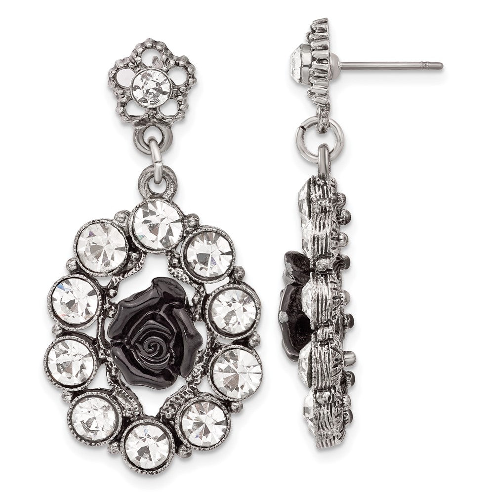 Fashion 1928 Silver-Tone & Antiqued Black Flowers Crystal Post Dangle Earrings