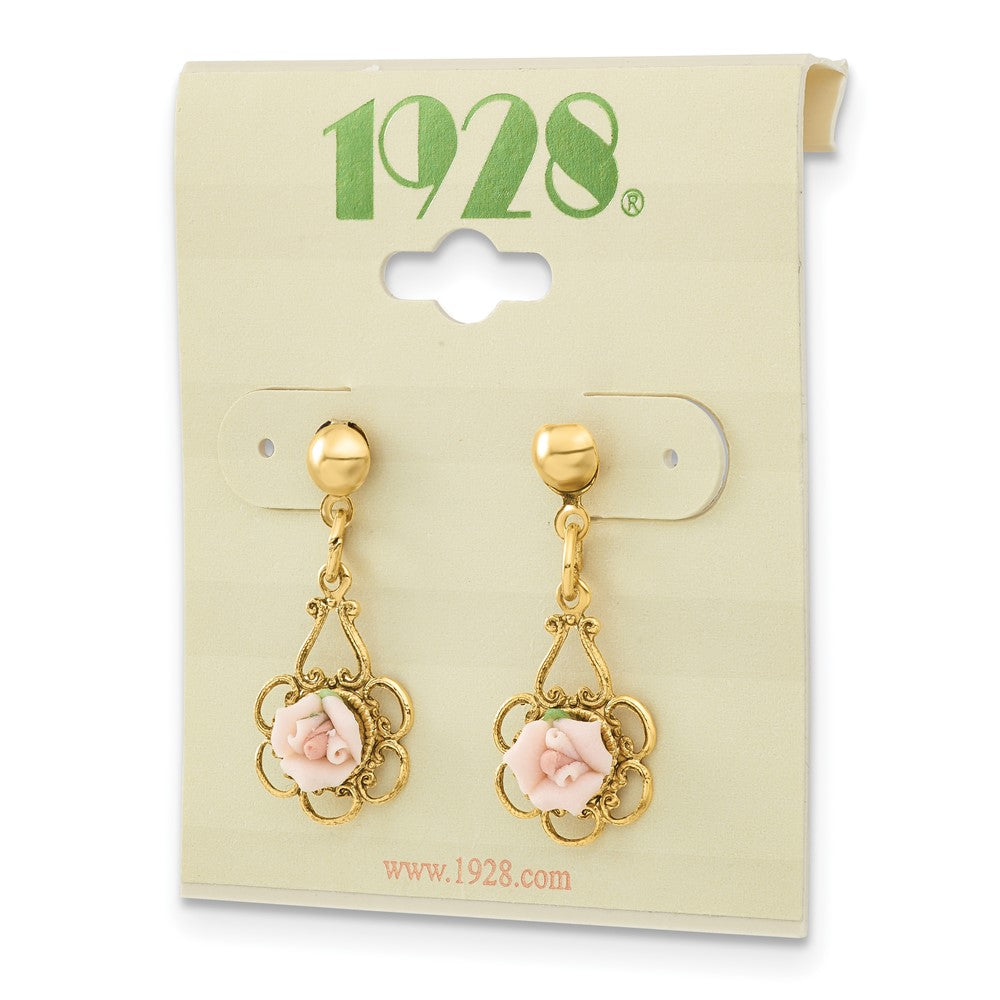 Fashion 1928 Jewelry Gold-Tone Filigree Pink Porcelain Rose Dangle Post Earrings