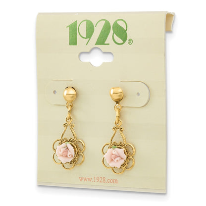 Fashion 1928 Jewelry Gold-Tone Filigree Pink Porcelain Rose Dangle Post Earrings
