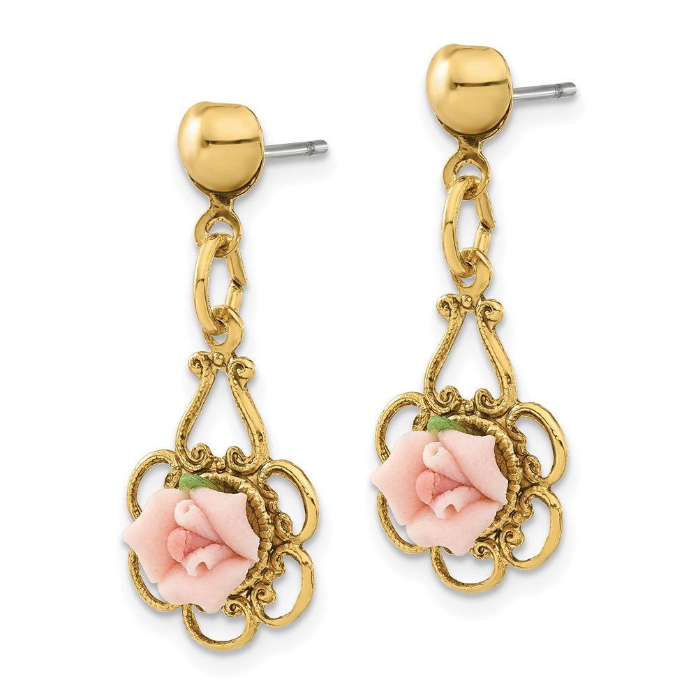 Fashion 1928 Jewelry Gold-Tone Filigree Pink Porcelain Rose Dangle Post Earrings
