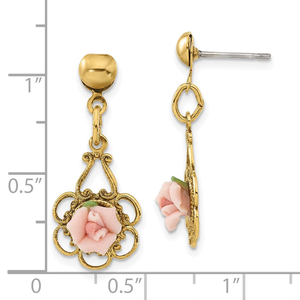 Fashion 1928 Jewelry Gold-Tone Filigree Pink Porcelain Rose Dangle Post Earrings